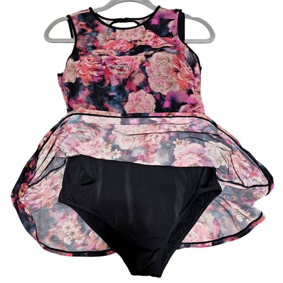 Floral Mesh Overlay One-Piece Swimsuit With Keyhole Back Pink & Black Women's Si - Picture 7 of 15